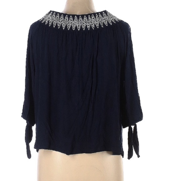 Boho Pebble & stone off the shoulder embroidered navy white bohemian relaxed top - Picture 2 of 4